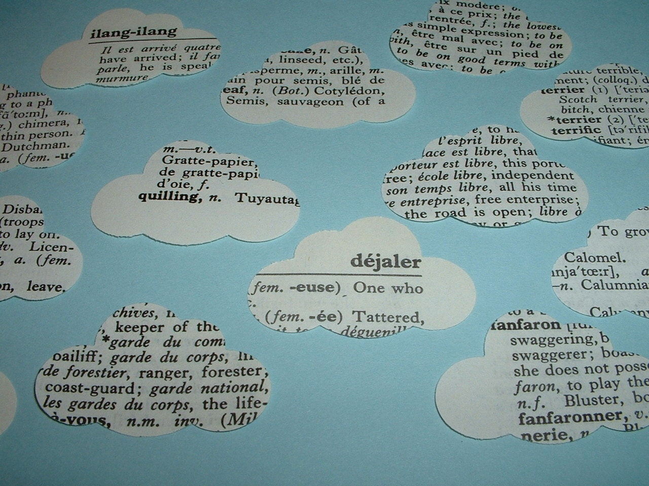 500 FRENCH CLOUDS Hand Punched from Vintage French and English Dictionary - Lovely Table Confetti