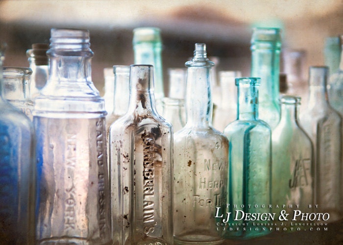 Bottles in the Window -  Fine Art Photograph - glass with light reflecting though vinate photography still life - Home Decor