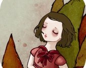 Giant girl art print resting on trees Tiny deer Fairytale of giant girl Story Storybook illustration wall decoration wall art