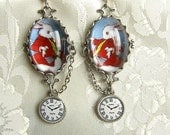 Im Late Redux - Silver White Rabbit Earrings with Pocket Watch Charm