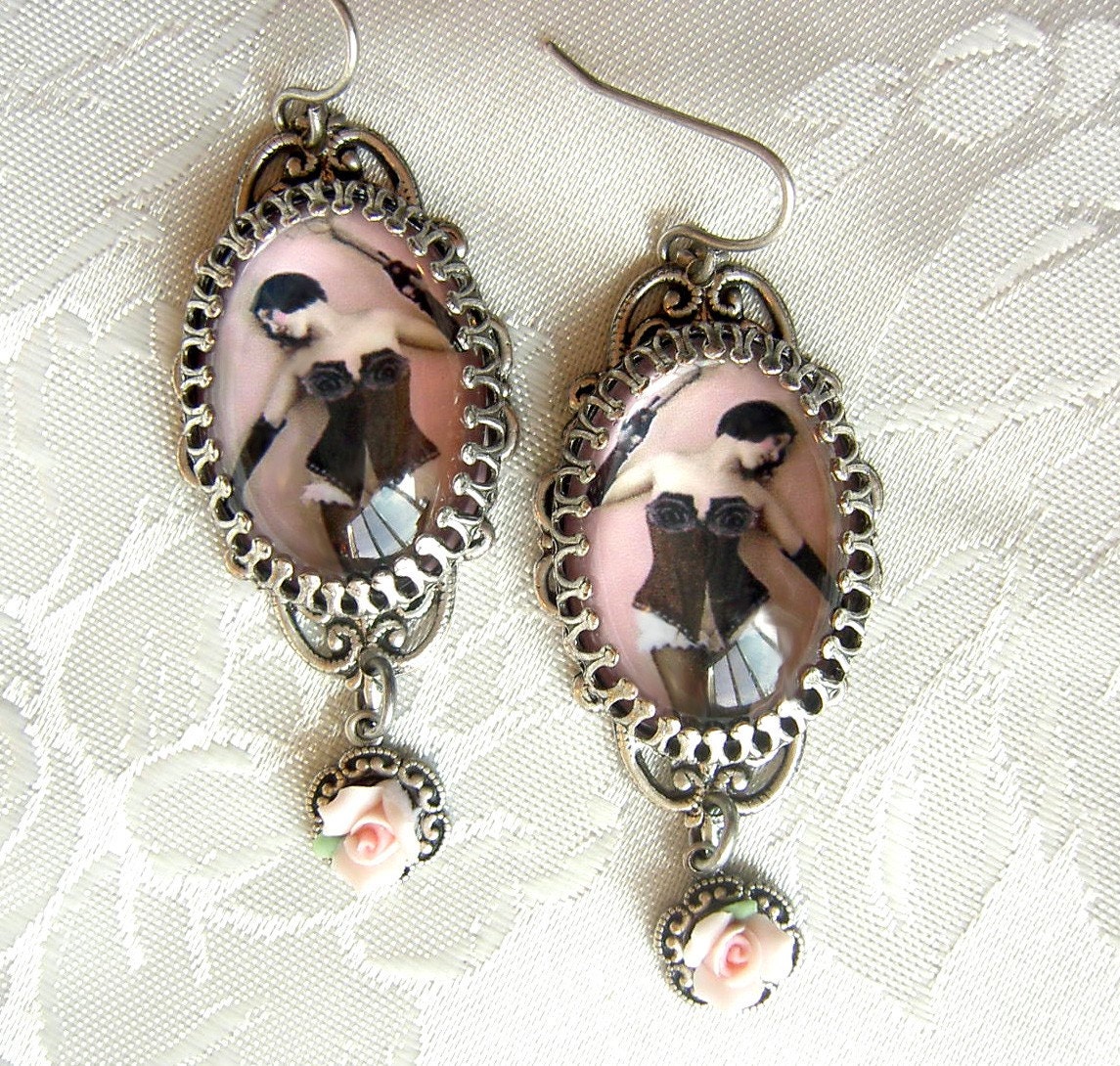 Paris Pink Vintage Image Dominatrix Earrings