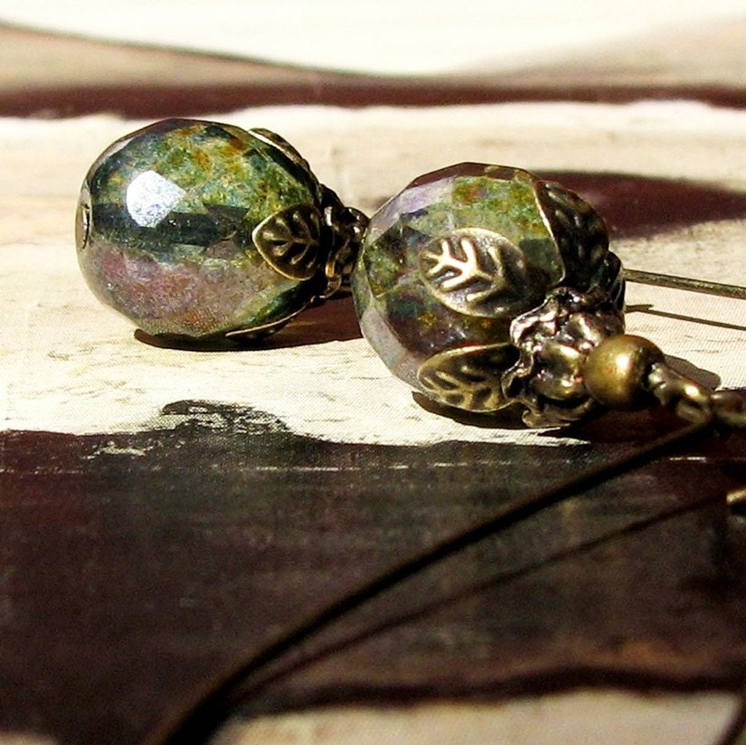 SALE - Maribel Parisian Sea Green Floral Blossom Boho Chic Antiqued Brass Earrings