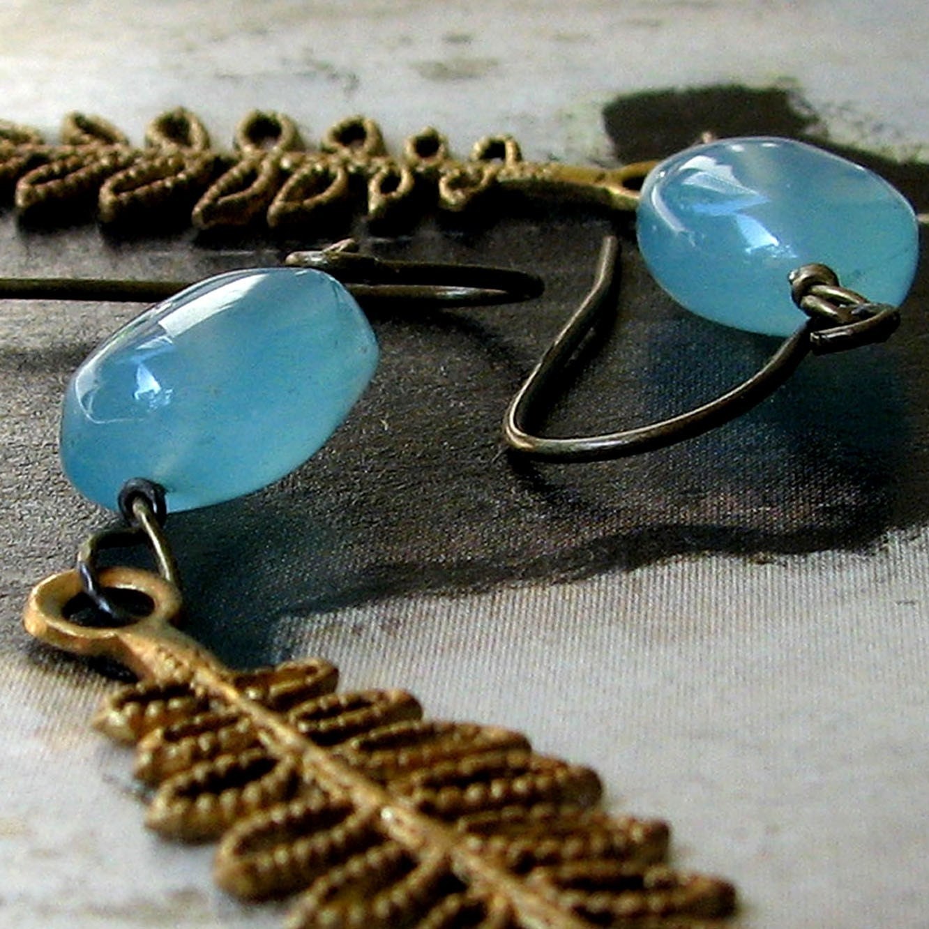 LEXI London Luxe Ocean Blue Chalcedony Vintage Forest Sprig Leaf Boho Earrings