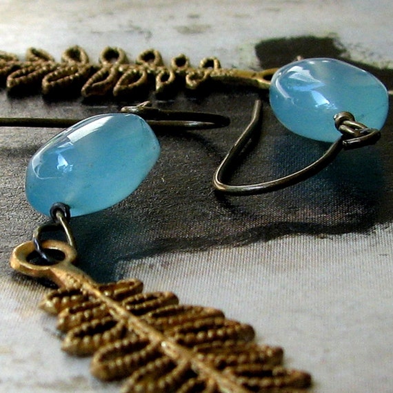 FREE SHIPPING - Lexi London Luxe Ocean Blue Chalcedony Sprig Leaf Earrings