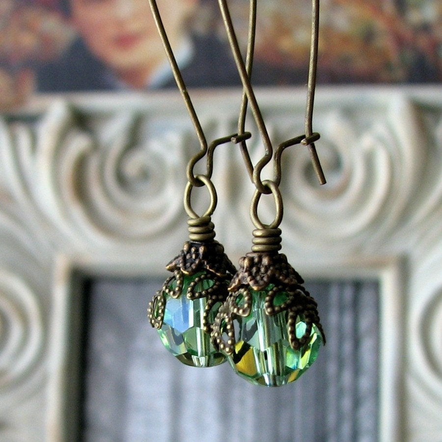 SALE - AURORA Dark Romance Green Glass Boho Antiqued Brass Earrings