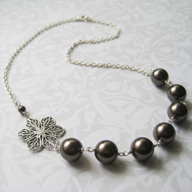 SALE - FILIGREE FLOWER Pearl Necklace (Chocolate Brown)