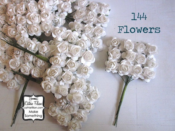 144 White Paper Flowers - small bouquet - weddings - favors - invitations - paper goods