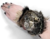 Steampunk Cuff - Industrial Wrist Cuff - LEATHER FUR and VELVET Textiles - Brass BAT, Vintage Pocket Watch Parts Silver Plates GEARS - As FEATURED in LA VIE EST BELLE Fashion Magazine - Exclusive Adjustable WEARABLE ART by edmdesigns