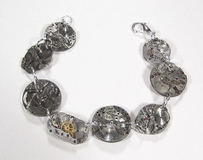 Steampunk Bracelet Vintage Watch Parts Men's or Women's Silver Bracelet SKELETAL Weddings Anniversary - Steampunk Jewelry by edmdesigns