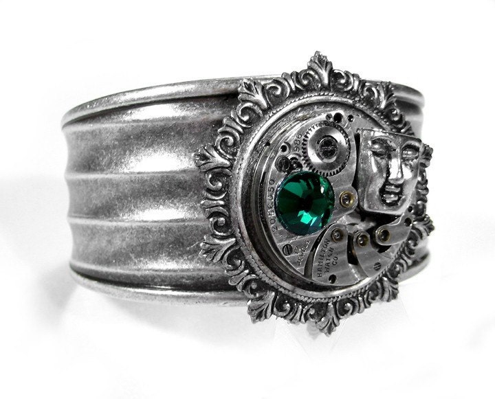 Steampunk Jewelry Cuff Vintage HAMILTON PINSTRIPE Pocket Watch Bracelet Face, Emerald Crystal STUNNING - Steampunk Jewelry by edmdesigns