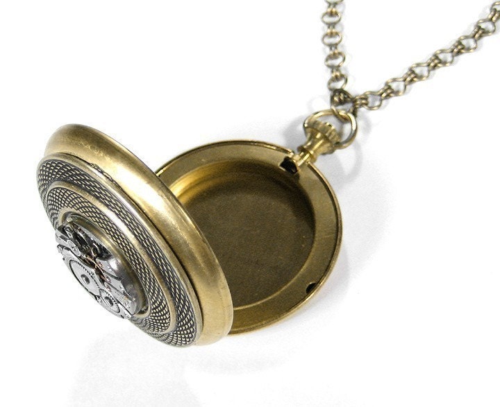 Steampunk Jewelry Locket Necklace Pocket Watch Style LOCKET Snake Skin Setting Jeweled Watch Movement - Steampunk Jewelry by edmdesigns