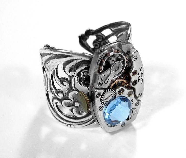 Steampunk Ring ART DECO Watch Aqua Crystal - Delicate Filigree Scroll Adjustable Silver Band STUNNING Gift - Steampunk Jewelry by edmdesigns