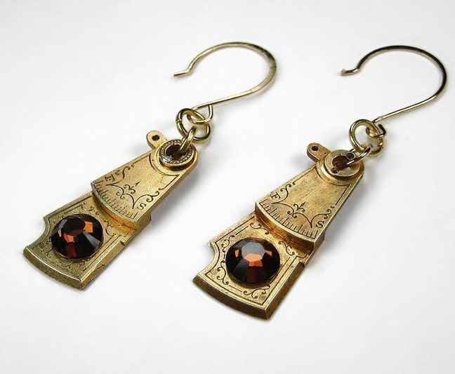 Steampunk Earrings Vintage Pocket Watch Parts Antique GOLD Dangle Engraved Etching Topaz Crystal STUNNING - Steampunk Jewelry by edmdesigns