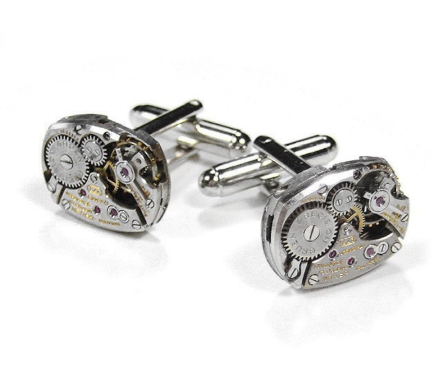 Steampunk Mens Cufflinks Vintage GRUEN Ruby Jeweled Watch Men's Cuff Links Wedding Anniversary Fathers Day Gift - Steampunk by edmdesigns