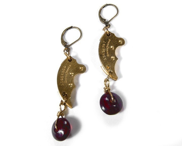 Steampunk  Jewelry Earrings Vintage Golden Pocket Watch Parts GARNET SEXY Wedding Anniversary Mothers Day - Steampunk Jewelry by edmdesigns