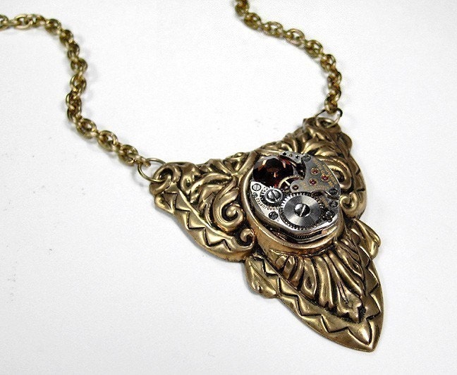 Steampunk Jewelry Necklace Vintage Watch Movement TOPAZ Swarovski Crystal Weddings Anniversary Gift - Steampunk Jewelry by edmdesigns