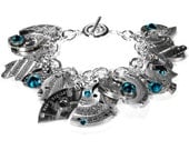 Steampunk Bracelet Sterling Silver Watch Parts Dangle Bracelet Etched Turquoise Crystals - In STEAMPUNK STYLE JEWELRY Book - by edmdesings