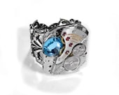 Steampunk Jewelry Ring Vintage LONGINES Ruby Jewel Watch Mechanism Mens Womens Ring Aqua Swarovski LUXURY Gift - Steampunk by edmdesigns