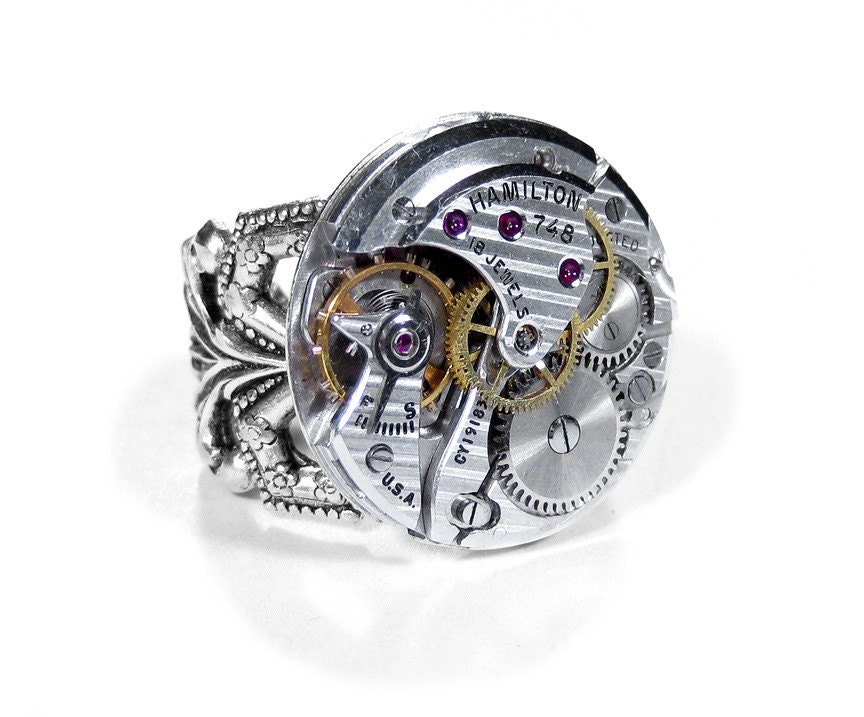 Steampunk Ring Vintage HAMILTON Pinstripe Adjustable Silver Filigree Ring RARE Round STUNNING - Steampunk Jewelry by edmdesigns