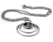 Steampunk Jewelry Necklace - BULOVA Ruby Jeweled Watch Silver Orb Pendant - Red Crystal WEDDING Anniversary- Steampunk Jewelry by edmdesigns