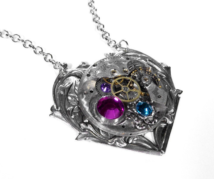 Steampunk Jewelry Necklace Vintage Pocket Watch Ornate Silver Heart Rose Turquoise Crystals Anniversary Mothers Day - Jewelry by edmdesigns