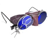 Steampunk Goggles Antique WILLSON Mens Steam Punk Glasses COBALT BLUE Tinted Glass Brown Leather Magnifier Loupes Steampunk by edmdesigns