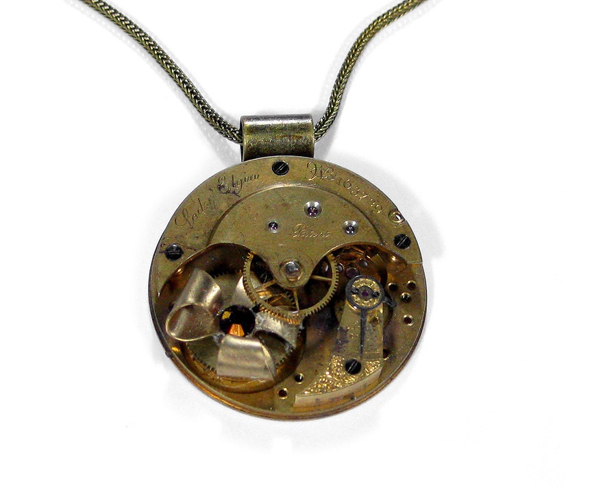 Steampunk Jewelry Necklace Vintage Pocket Watch ELGIN Brass Floral Topaz Swarovski Crystal SLiNKY Chain GORGEOUS - Steampunk by edmdesigns