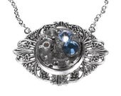 Steampunk Jewelry Necklace Vintage Watch ART NOUVEAU Silver Blue Aqua Swarovski Crystals Weddings Anniversary Gift - Steampunk by edmdesigns
