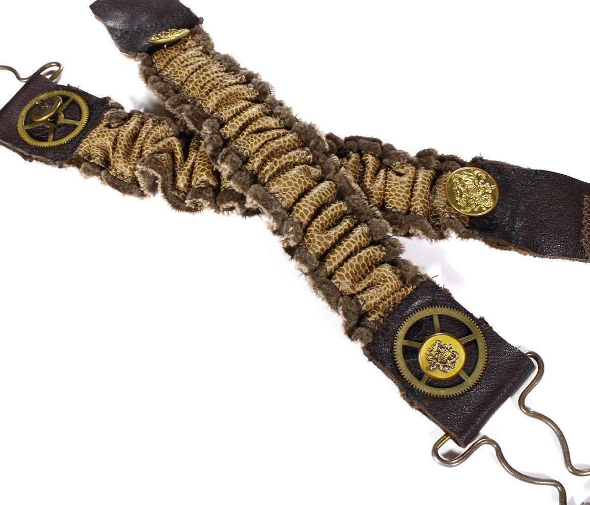 Steampunk Shirt Garters - Sleeve Garter Brown Mixed Leathers Gear Buttons Arm Band Cuff Wedding Garter - Steampunk Clothing by edmdesigns