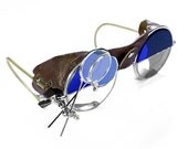 On Loan -- Steampunk Goggles Antique Rare 2 Tone Steampunk Glasses Cobalt BLUE & Clear LEATHER Side Shields WOW - Steampunk by edmdesigns