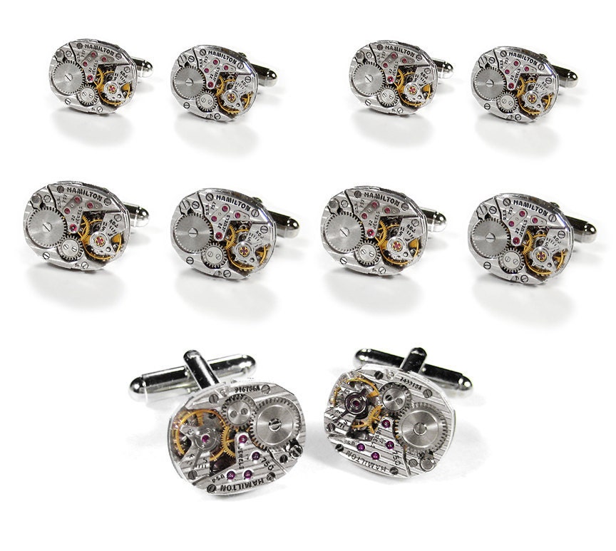 Steampunk SOLDERED Cufflinks Wedding Set 5 Pairs Vintage HAMILTON Ruby Jeweled Mens Watch Cuff Links GROOMSMEN Gift - Jewelry by edmdesigns