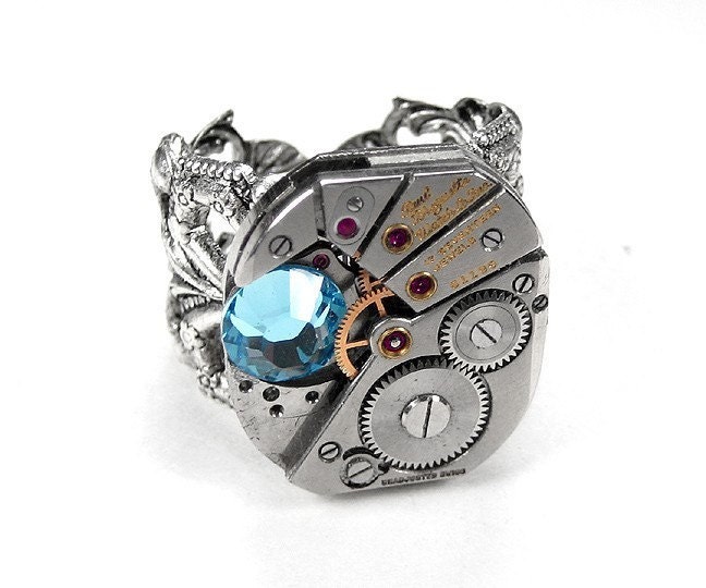 Steampunk Jewelry Ring Vintage PAUL BREGUETTE Swiss Mens Womens Watch Aqua Swarovski Crystal  RARE Beauty - Steampunk Jewelry by edmdesigns