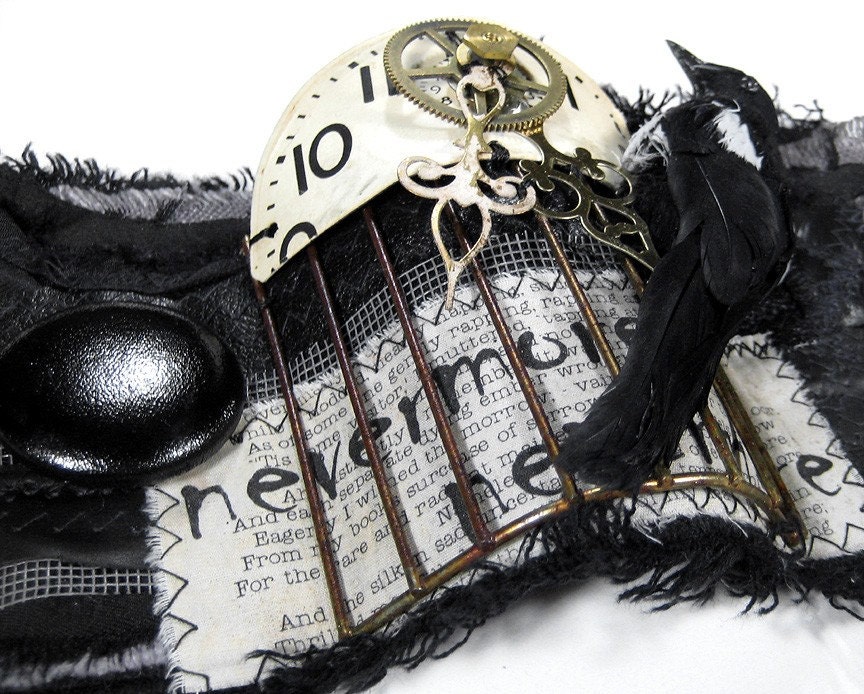 Steampunk Cuff Hardcore GOTHIC Wrist Cuff Black Leather 3D Raven Cage Clock Text Transfer AWESOME - Steampunk Clothing by edmdesigns