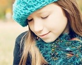 Teal Scarf Hand Knit Ribbon Photo Prop. Gold, Green, Blue Peacock Pretty