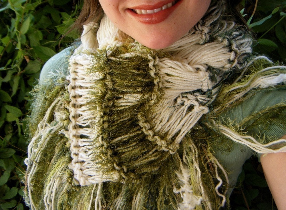 Moss Green Scarf with Irish Cream, Natural Colored Hand Knit with Fringe. Thick, Warm, Christmas Clothing Winter Fashion