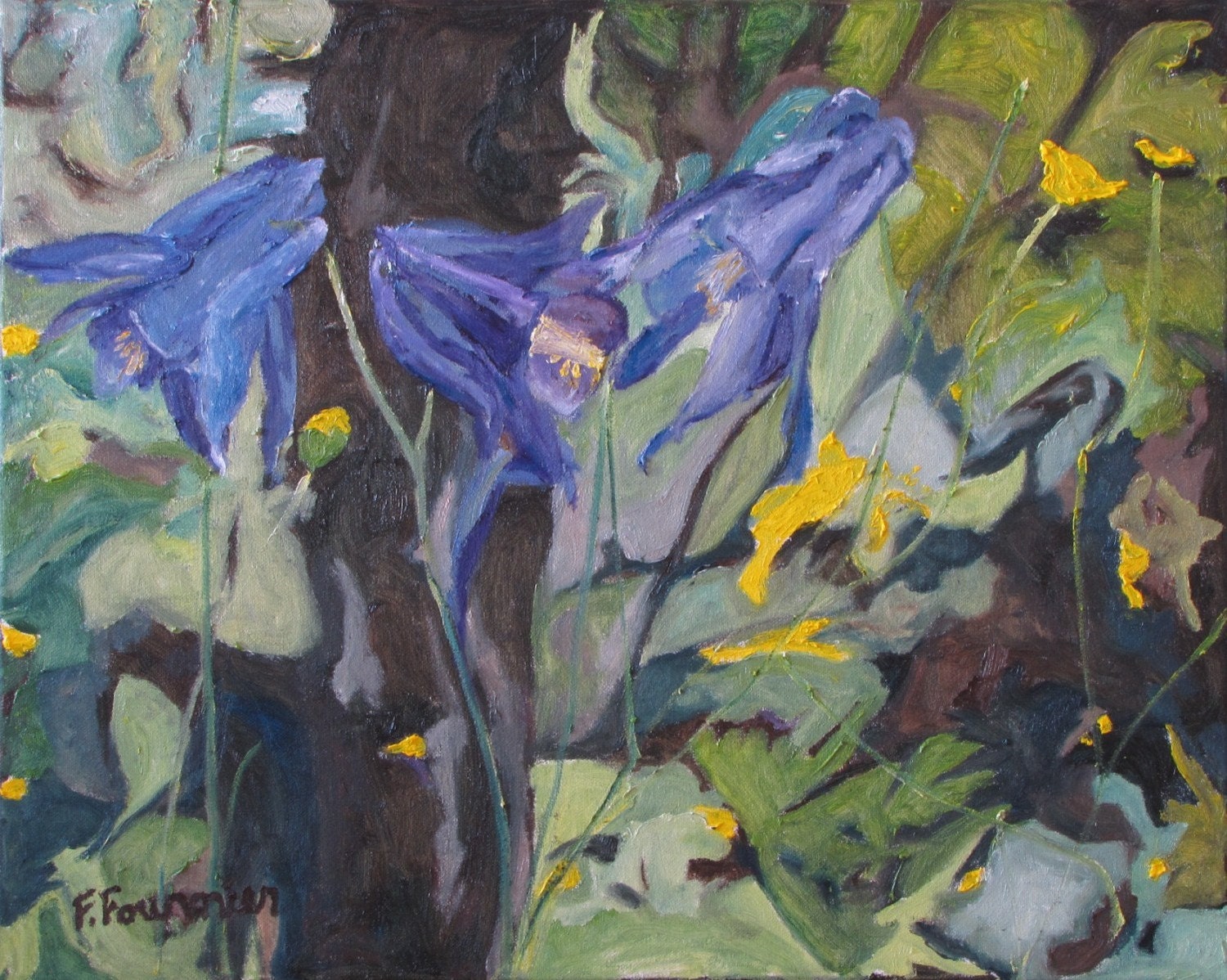 Art Original Oil Painting Landscape Flower Fournier Canada Appalachian Quebec "The three Columbines" 16" x 20"