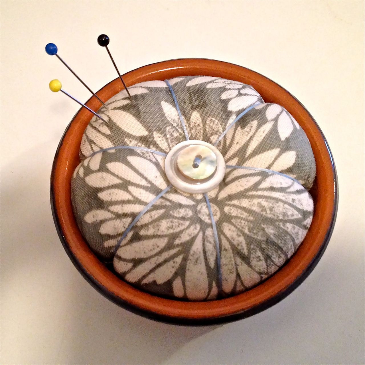 Dahlia Pincushion in a French Cheese Pot