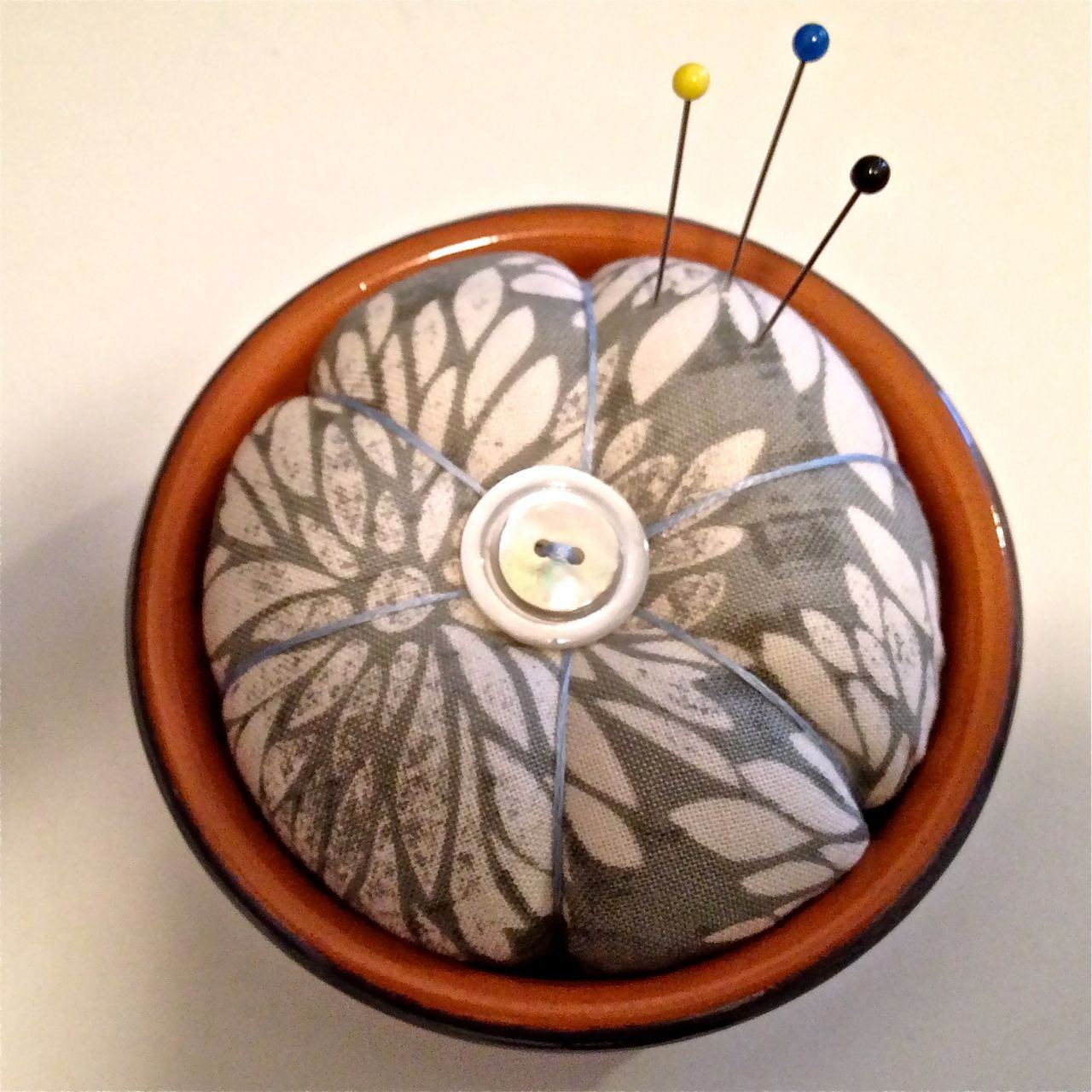 Dahlia Pincushion in a French Cheese Pot