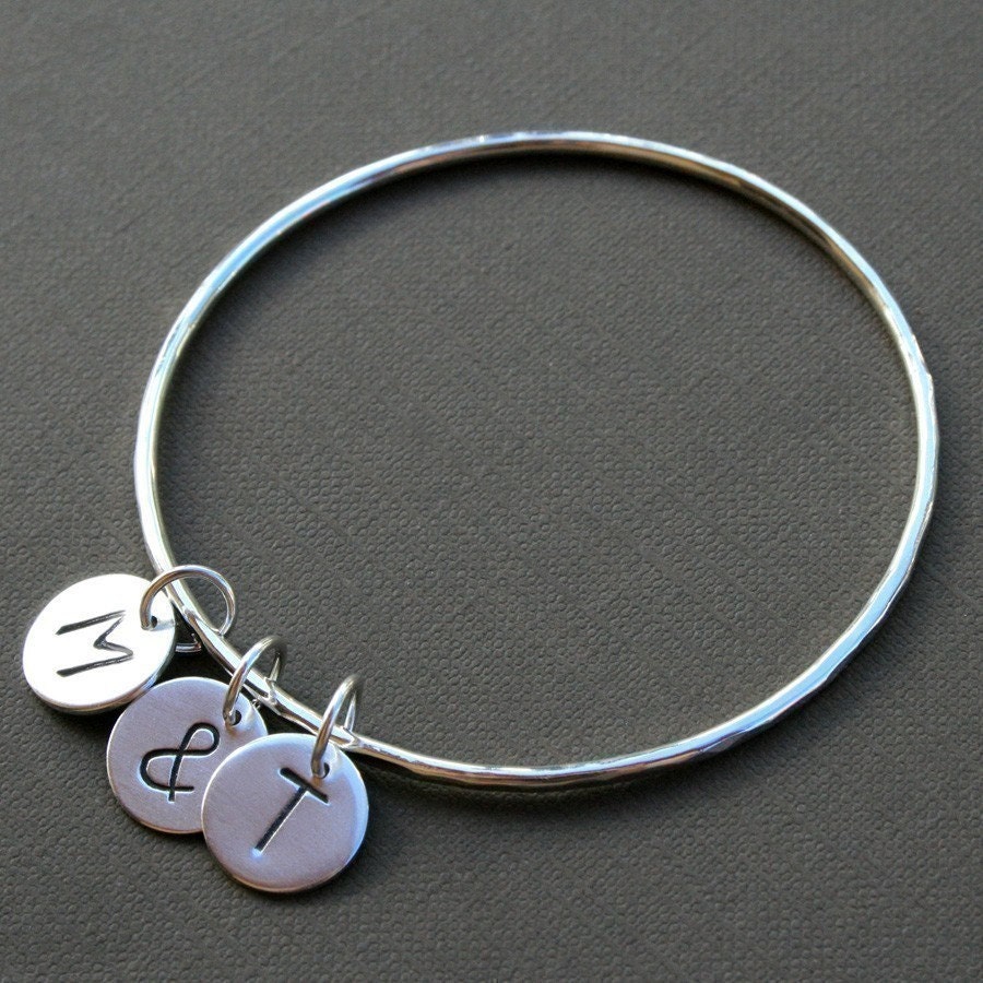 Initial Bangle, Personalized Bracelet, Three Letter Charm, Sterling Silver, Hand Stamped Letters and or Ampersand