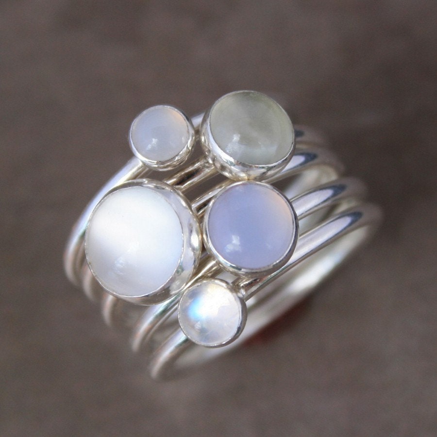 Luminous Gemstone Stacking Rings, Sterling Silver, Moonstone, Stackable Ring Set of 5 Rings, Statement Rings