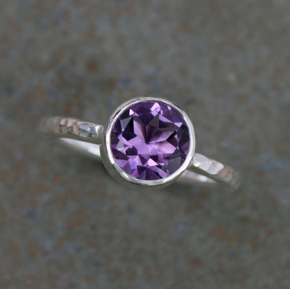Purple Amethyst Ring, Sterling Silver, Faceted Gemstone, Violet Jewel, Sterling Silver Hammered Ring Band, Wear Single or Stacking