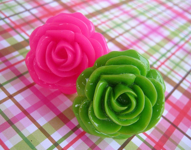 Big elegant rose ring in hot pink and lime - choose one
