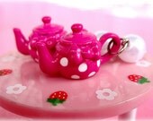 Sweet pink polka dot bow tea pot pearl dangle earrings