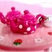 Sweet pink polka dot bow tea pot pearl dangle earrings