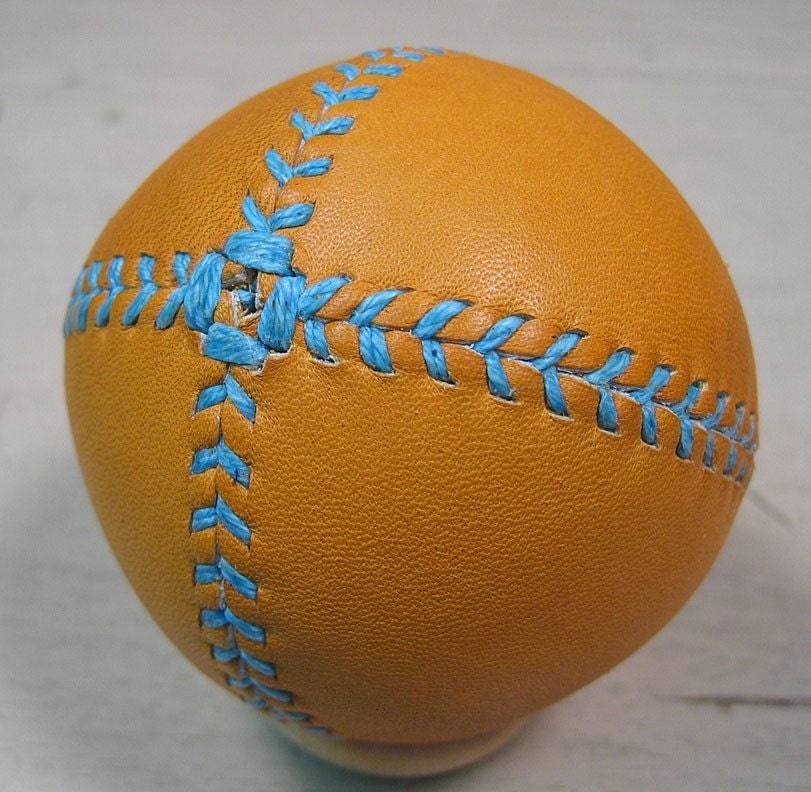 LEMON BALL Vintage style lemon peel baseball.  Tan leather with turquoise stitches
