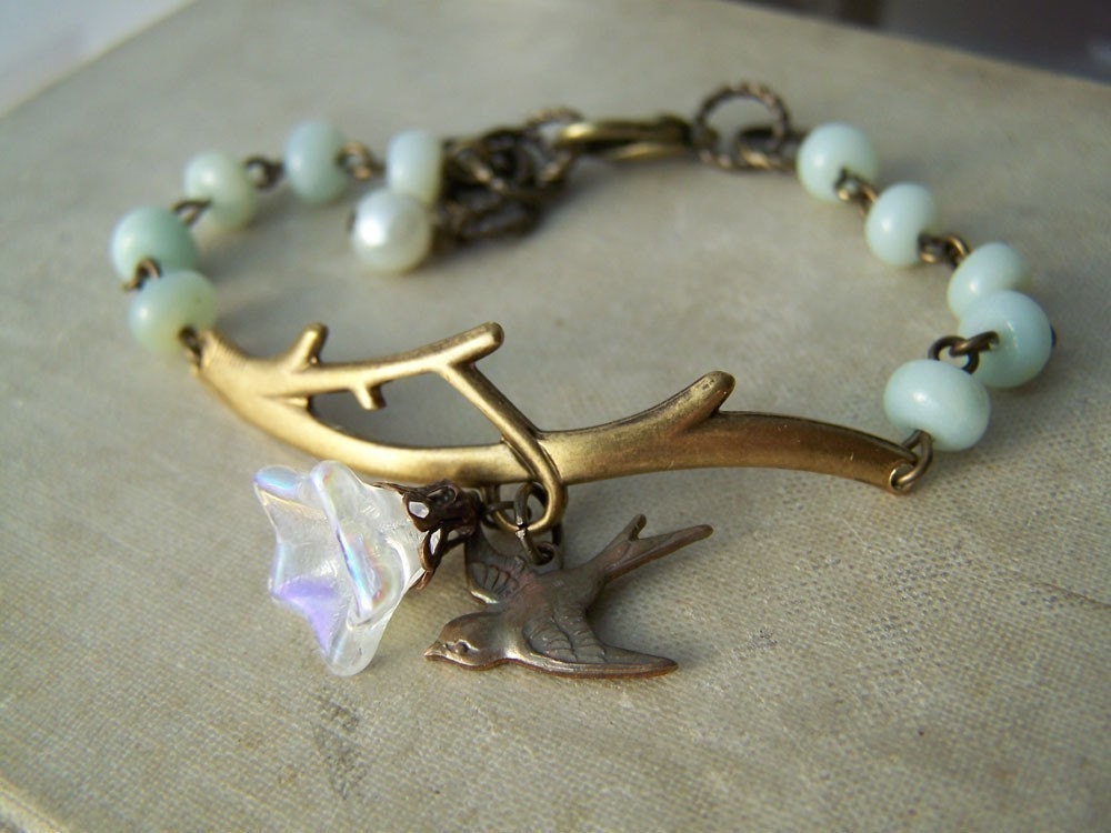 Cuff Bracelets,  Brass Branch Cuff Bracelet, Bird Charm Bracelet, Amazonite Beaded Bracelet, Cuff Bracelet, Memorial Bracelet