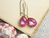 Rhinestone Drop Earrings, Pear Pink Rhinestone,  Pink Rhinestone Drop Earrings, Pear Rhinestone, Dangle Earrings, Drop EArrings