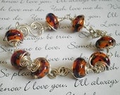 Summer Fling. Orange Boro Lampwork Bead Sterling Silver Wire Wrapped Handmade Bracelet. Magnolia Jewel Designs
