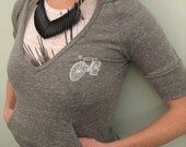 v-neck heather grey hooded bicycle shirt---size LARGE