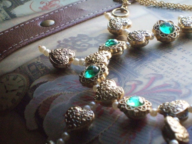 VICTORIAN-Emeralds-Gold-Pearl-Vintage Inspired-Buttons-Necklace-Earrings-Costume Jewelry Set-"BETROTHED"